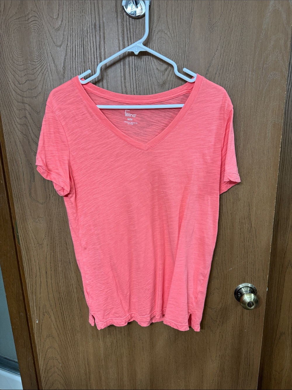 Women's V-Neck Short Sleeve Tee in Coral Pink